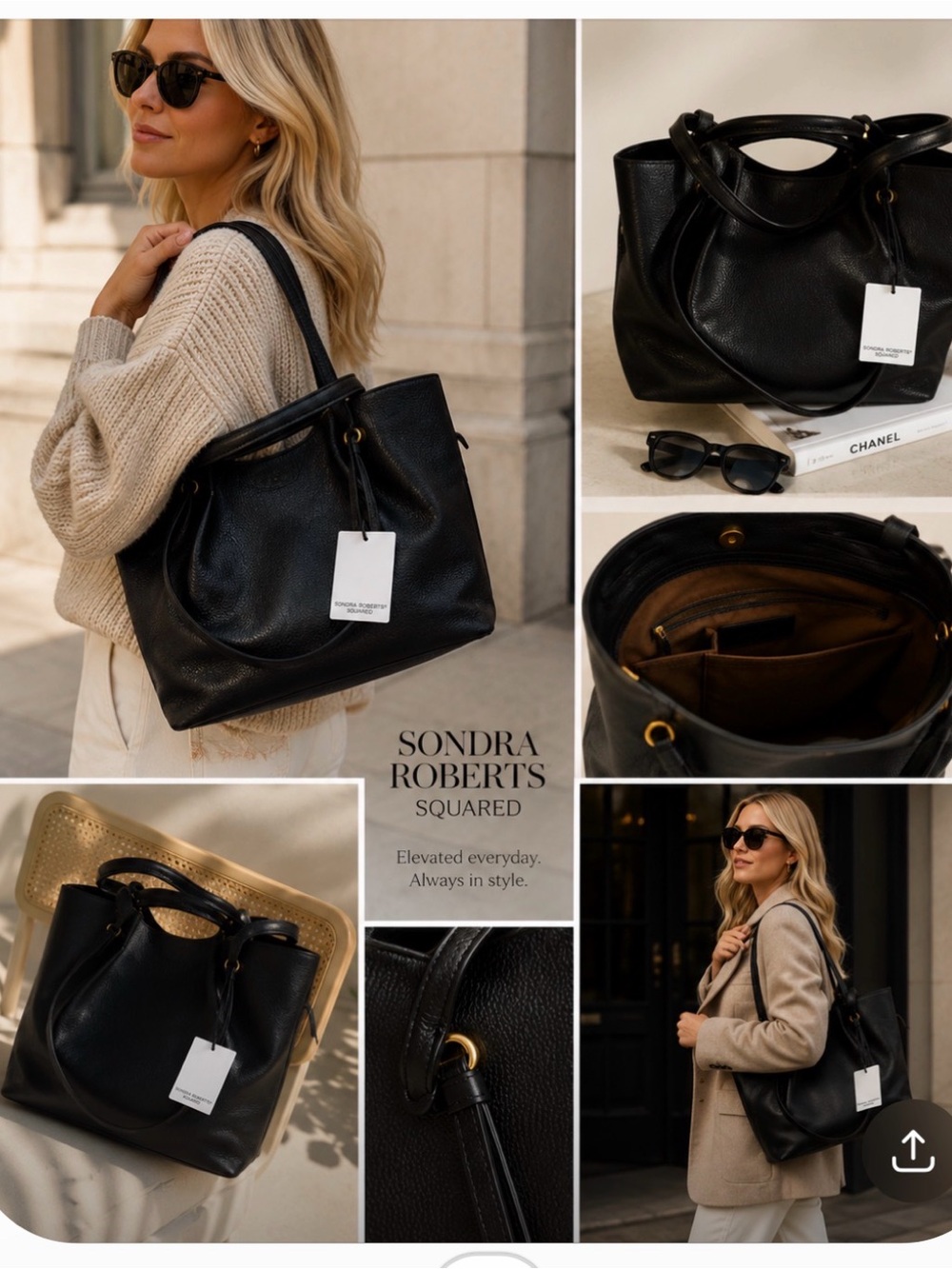 Sondra Roberts Black Pebbled Leather Tote with Gold Hardware